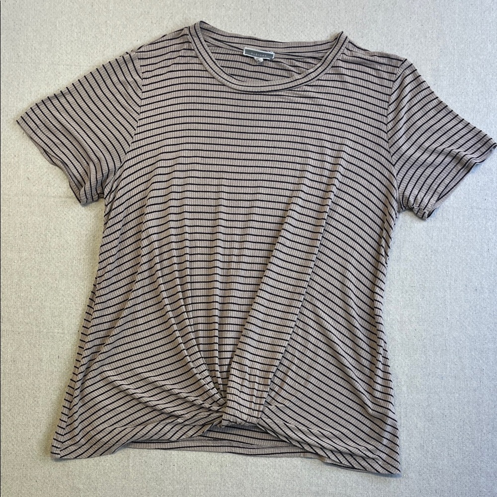 Pleione Taupe & Black Striped Twist-Front Short Sleeve Tee